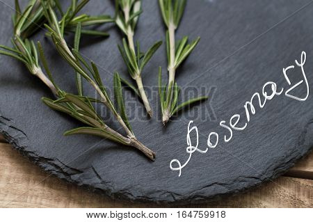 Fresh rosemary leaves on black round slate plate. Selective focus. Close-up. Hand-drawn name of the herb