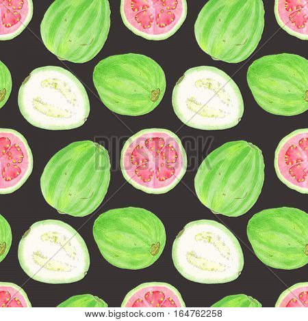 Guava or guayaba. Seamless pattern with hand-drawn tropical fruit - psidium on the black background. Real watercolor illustration