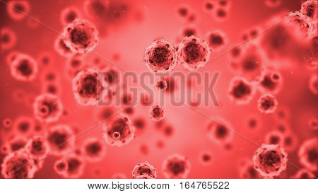 Herpes virus or germs microorganism cells under microscope. Fast multiplication of bacteria. Infection and microbe. Microbiology popular scientific background. High Quality 3D Render.