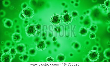 Herpes virus or germs microorganism cells under microscope. Fast multiplication of bacteria. Infection and microbe. Microbiology popular scientific background. High Quality 3D Render.