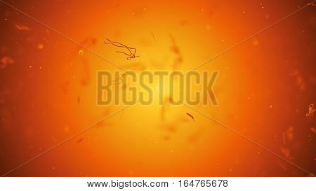 Ebola virus or germs microorganism cells under microscope. Fast multiplication of bacteria. Infection and microbe. Microbiology popular scientific background. High Quality 3D Render.