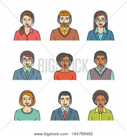 Call center agents flat line avatars. Live chat operators guys and girls smiling faces. Online customer care support service assistants with headphones. Help desk Caucasian African Asian consultant