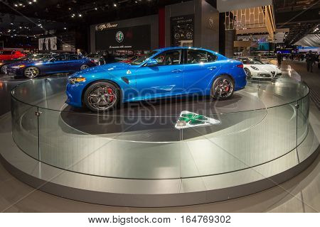 DETROIT MI/USA - JANUARY 9 2017: A 2017 Alfa Romeo Giulia car at the North American International Auto Show (NAIAS).