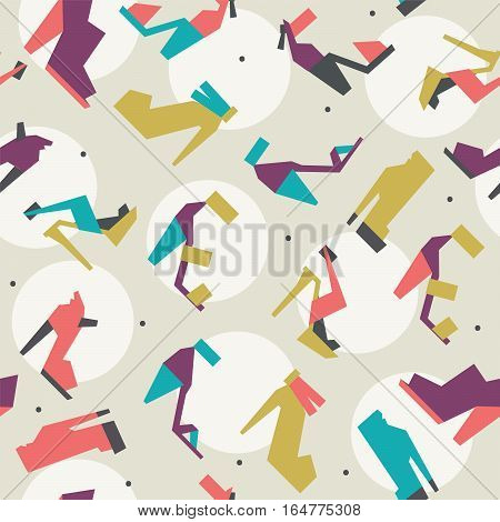 Seamless vector illustration with beautiful heels and shoes pattern with geometric shapes. Bright colors on beige background with white circles and dots. Pink purple blue and green women shoes.