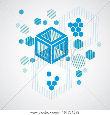 Bauhaus art decorative modular vector backdrop made using striped hexagons and circles. Retro style pattern graphic backdrop for use as booklet cover template. Illustration of engineering system.