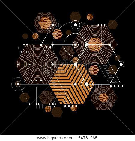 Bauhaus art decorative modular vector backdrop made using striped hexagons and circles. Retro style pattern graphic backdrop for use as booklet cover template. Illustration of engineering system.