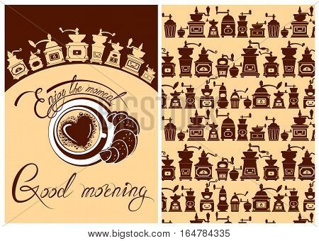 Set of Template Flayer or Menu design for coffeehouse. Background with cup of coffee and croissant for restaurant or cafe. Hand written calligraphic text Enjoy the moment Good morning.