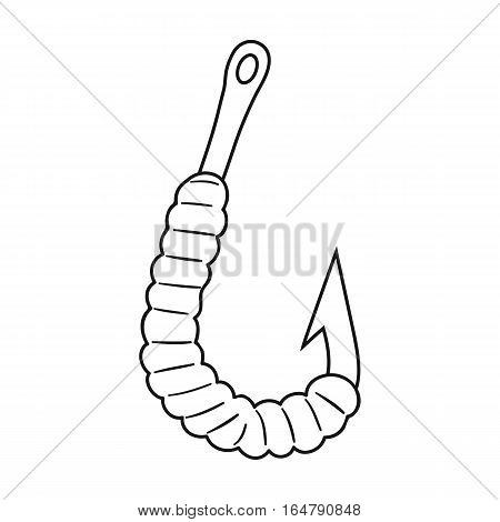 Worm on a hook icon in outline design isolated on white background. Fishing symbol stock vector illustration.