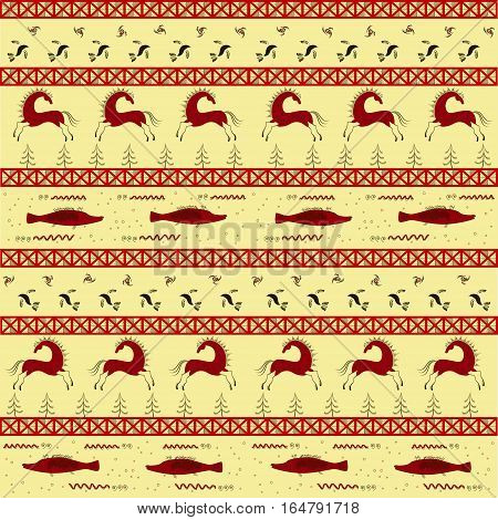 Abstract ethnic seamless pattern, tribal background, red horse. Mezen painting. Vector illustration. eps10