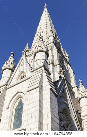 The spire of Saint Mary's Cathedral Basilica in Halifax city (Nova Scotia Canada).