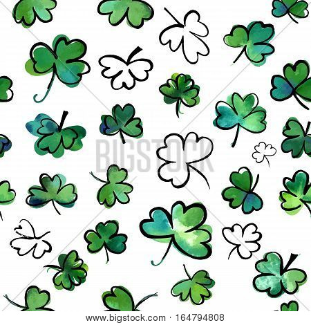 A seamless background pattern with hand drawn vector, watercolour and ink shamrocks