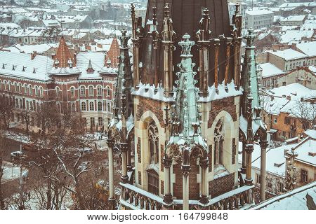 entrence of Gothic Church in cold winter day