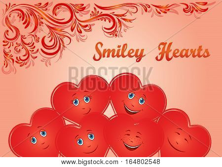 Valentine Holiday Background, Red Cartoon Smiley Faces Hearts and Floral Contour Ornament. Vector