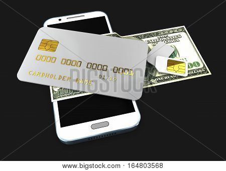 3D Illustration Of Detailed Black Locked Credit Card On The Phone With Simcard Isolated Black Backgr