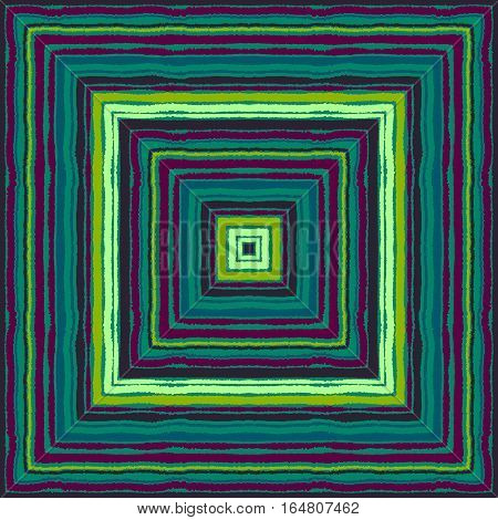Striped rectangle pattern. Square lines with torn paper effect. Ethnic background. Purple, turquoise, green contrast colors. Vector