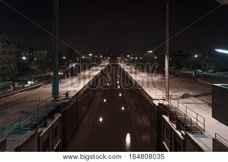 Winter night in Regensburg - watergate with no ship inside