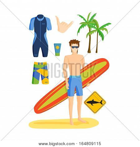 Set of vintage surfing graphics emblems vector flat design. Beach style design seal elements and summer sea symbols. Boarding on waves. Vector hipster insignia.