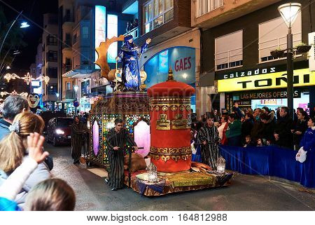 Torrevieja Spain - January 5 2017: Cavalcade of the Magi parade or The night of the Three Wise Men in downtown of Torrevieja. The Cavalcade of Magi attracts thousands of visitors every year.