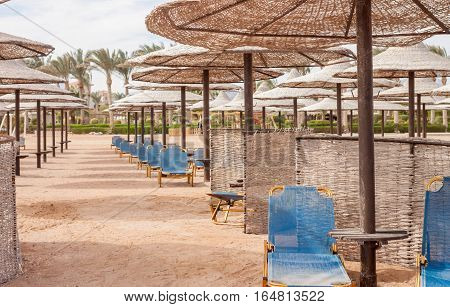 group of straw beach umrellas on the Red sea