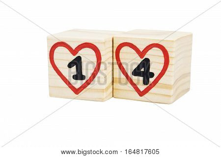 Wooden cubes with handwritten one and four inside red hearts. Valentine's day. Isolated on a white background.