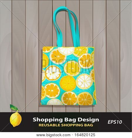 Citrus Slice pattern reusable shopping bag design vector template. Cheerful bag against wood texture. Eco friendly package for food, cosmetics, fashion boutique. Citrus pattern is complete, masked. Lemon icon