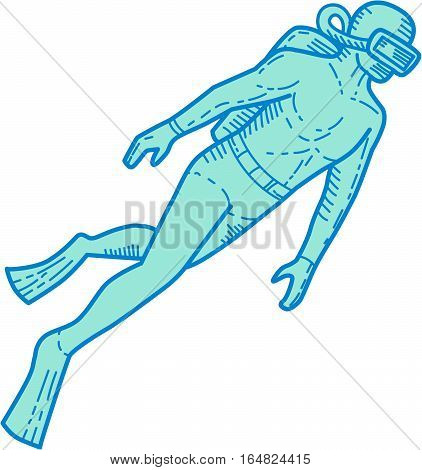 Mono line style illustration of a scuba diver diving swimming viewed from the side set on isolated white background.