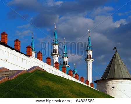KAZAN REPUBLIC TATARSTAN RUSSIA - JUNE 2016: The walls of the Kazan Kremlin Kul Sharif Mosque