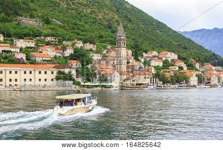 PERAST MONTENEGRO - AUGUST 6 2014: View of Perast city from sea side. Perast is town on coast of Montenegro and located on the Bay of Kotor.