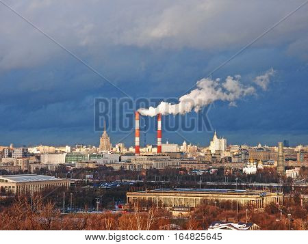 MOSCOW RUSSIA - JANUARY 2015: View from the observation deck on the Vorobyovy Hills. Ostankino tower. Sportcomplex 