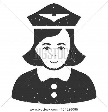 Airline Stewardess grainy textured icon for overlay watermark stamps. Flat symbol with dirty texture. Dotted vector gray ink rubber seal stamp with grunge design on a white background.