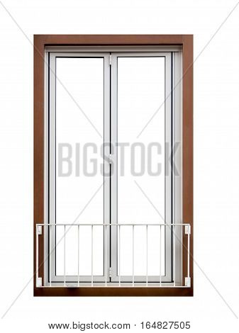 White window with wooden frame isolated on white background