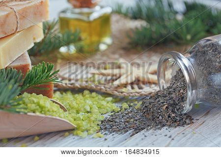 Natural Sea Salt And Handmade Soap Branch Of Pine