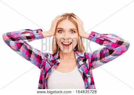 Unbeliveable! Happy Cheerful Surprised Woman Touching Head