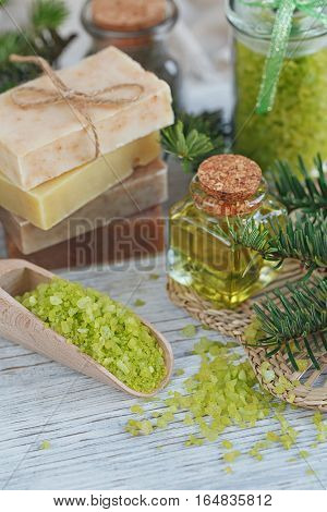 Natural Sea Salt And Handmade Soap Branch Of Pine