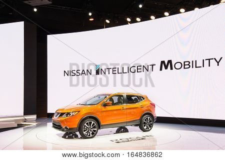 DETROIT MI/USA - JANUARY 9 2017: A Nissan Rogue Sport SUV at the North American International Auto Show (NAIAS).