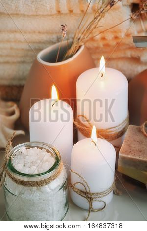 Composition of spa treatment with homemade soap. Spa concept.