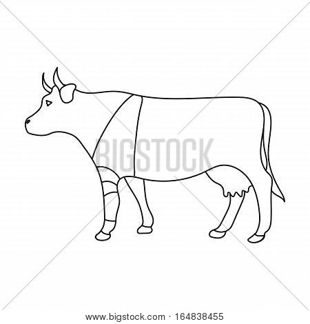 Sick cow with bandage on a leg icon in outline design isolated on white background. Veterinary clinic symbol stock vector illustration.
