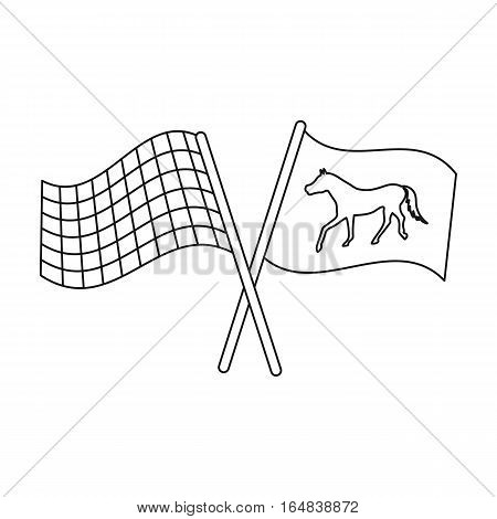 Crossed checkered and equestrian flags icon in outline design isolated on white background. Hippodrome and horse symbol stock vector illustration.