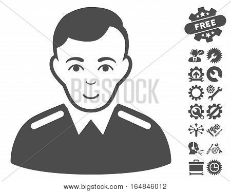 Officer pictograph with bonus setup tools pictograms. Vector illustration style is flat iconic gray symbols on white background.