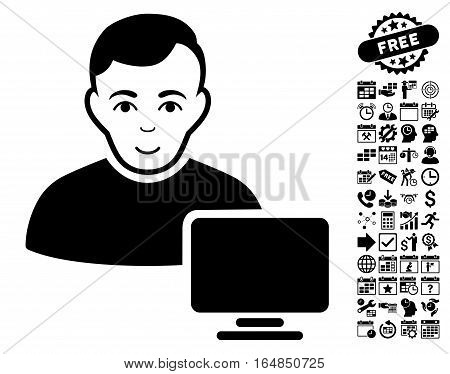 Computer Administrator icon with bonus business time management and calendar graphic icons. Vector illustration style is flat iconic symbols black color white background.