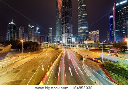 Night View Of Century Avenue With Famous Skyscrapers Of Shanghai