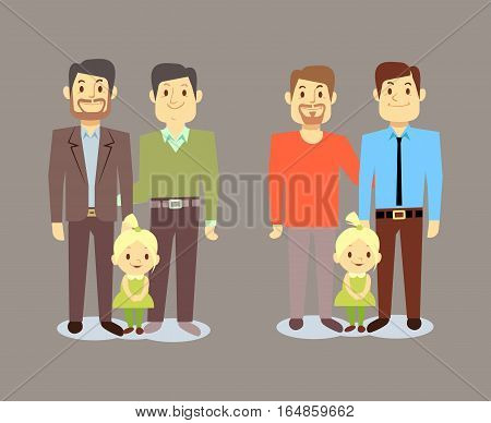 Happy gay LGBT men families with children. Gay family with child. Vector illustration