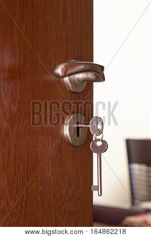 door handle with inserted key in the keyhole