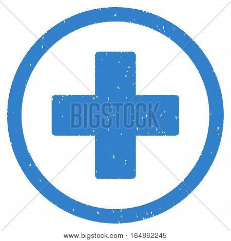 Plus rubber seal stamp watermark. Icon vector symbol with grunge design and corrosion texture. Scratched cobalt ink sticker on a white background.