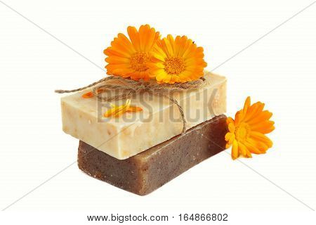 Natural handmade soap with calendula isolated on white