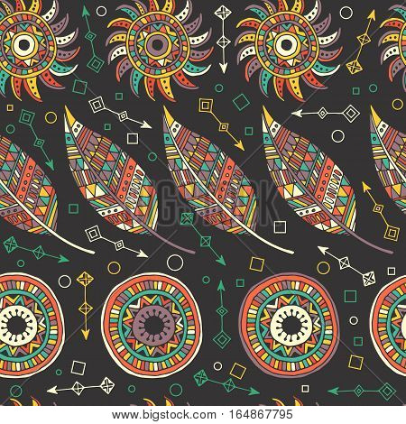 EthnPattern of dream catcher and feathers. Ethnic seamless pattern in native style. Bright colored feathers and beads on white background. Vector decorative elements hippieic seamless pattern with feathers and circles.