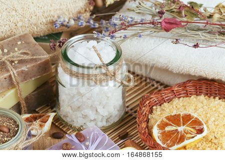 Composition of spa treatment on wooden background
