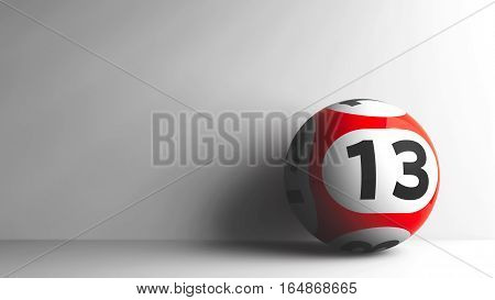 Red lottery ball with number 13 on grey background three-dimensional rendering 3D illustration
