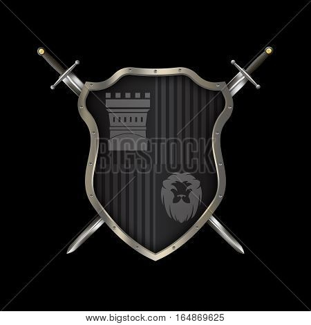 Medieval black shield with chrome riveted border and two swords on black background.