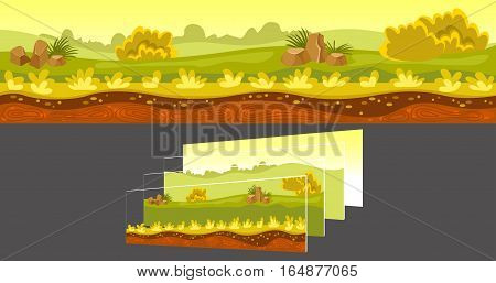Gaming sunny landscape including green fields and stones with separated layers on grey background vector illustration
